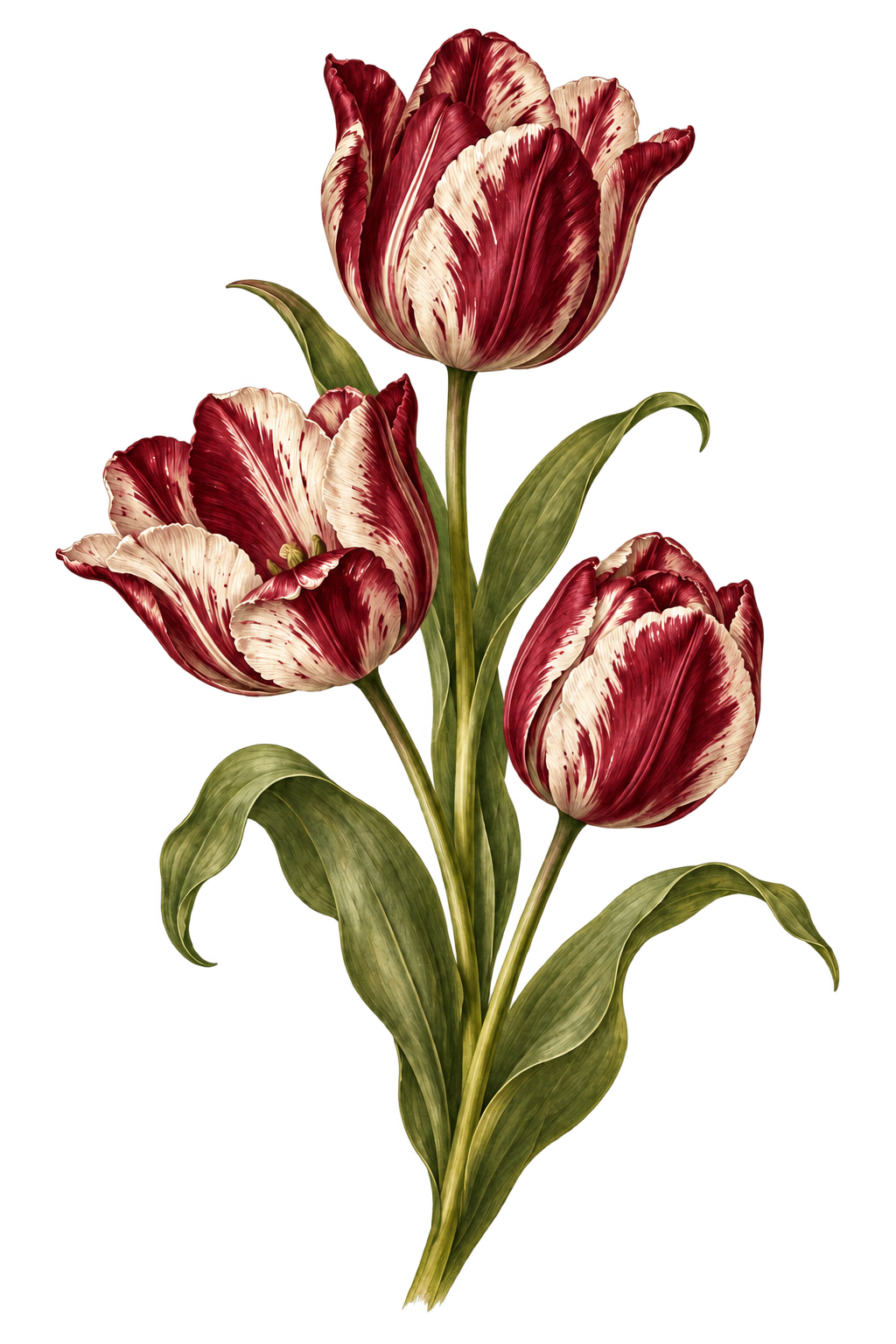 Burgundy and ivory tulips with graceful olive leaves